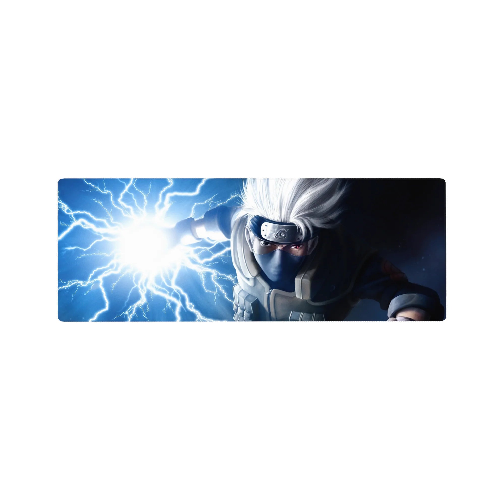 Anime mouse pad 32x12 inches with Kakashi lightning action, bold print and Hidden Leaf headband detail.