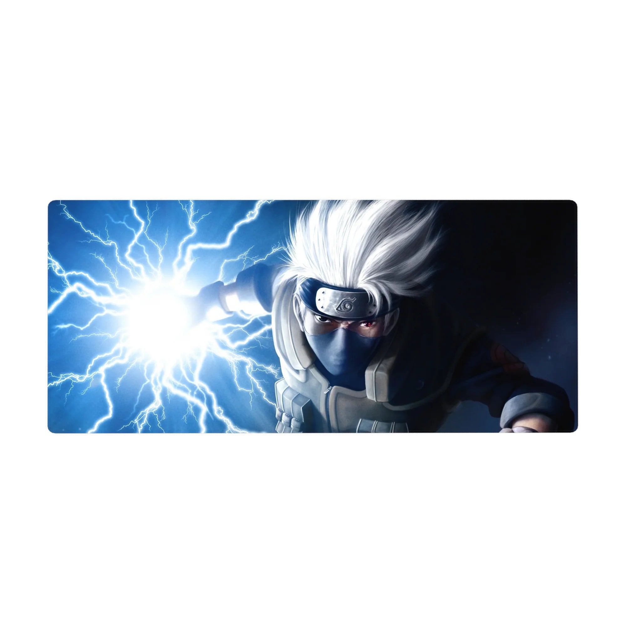 36x16 inches anime desk pad with Kakashi Hatake Chidori lightning, Hidden Leaf headband, bold print.