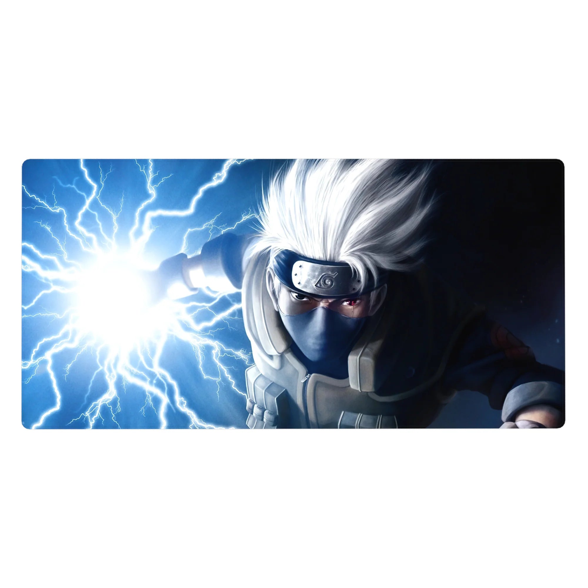 40x20 inches anime desk pad with Kakashi Hatake Chidori lightning, Hidden Leaf headband, bold print.