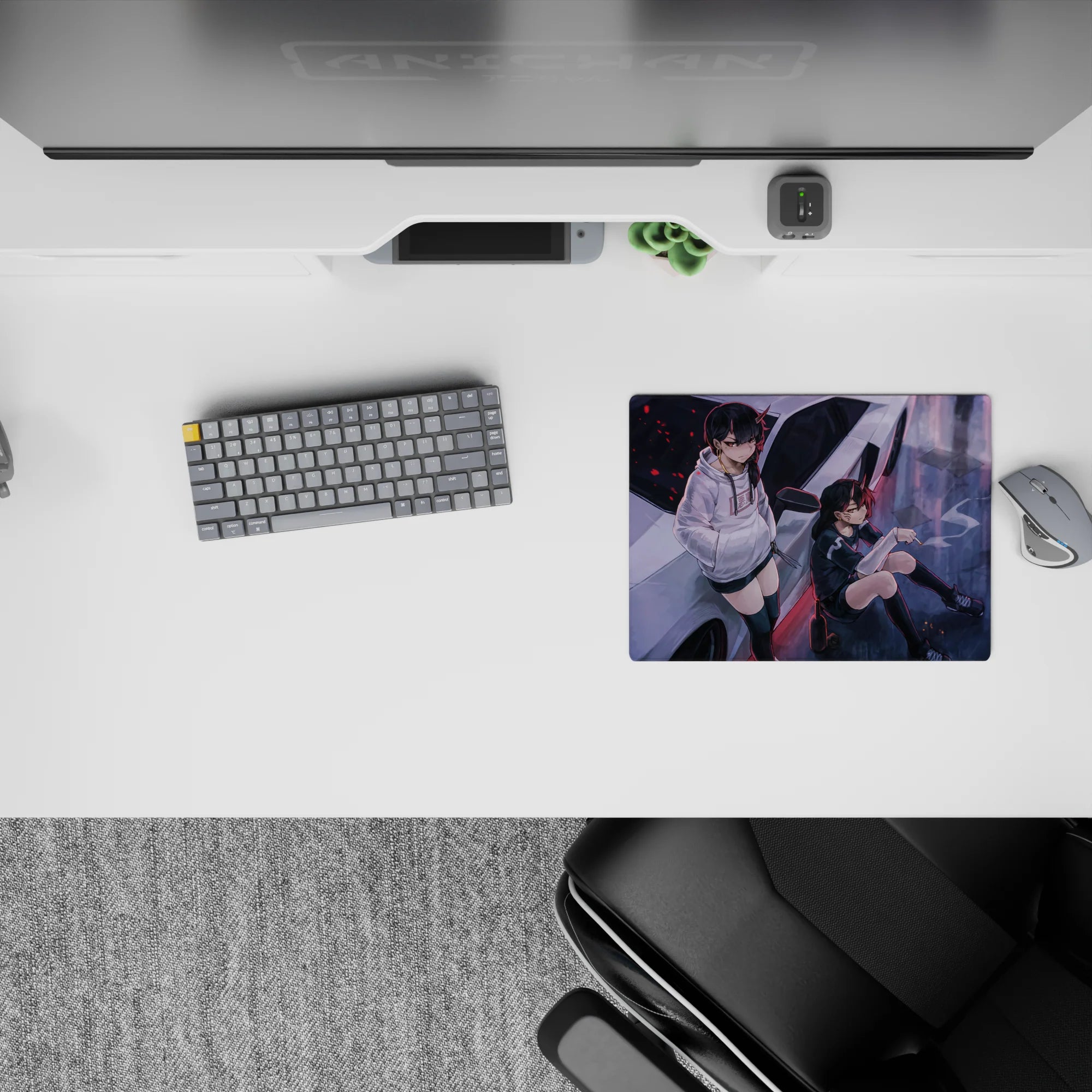 Moody purple street anime mouse pad 14x10 inches with black-and-white hoodies and red spark flecks.