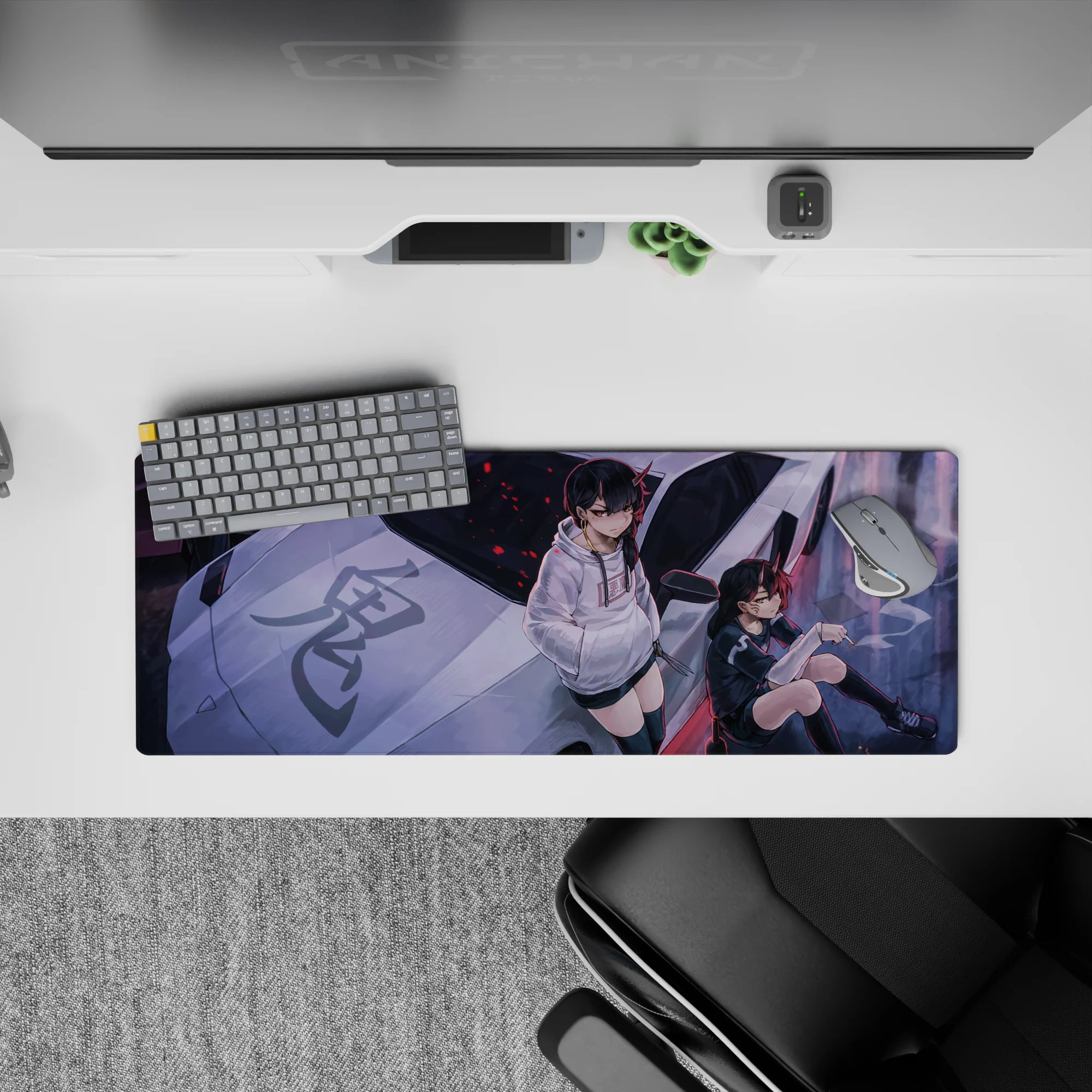 32x12 inches anime girl mouse pad in moody purple street tones with white/black hoodies and red spark flecks.