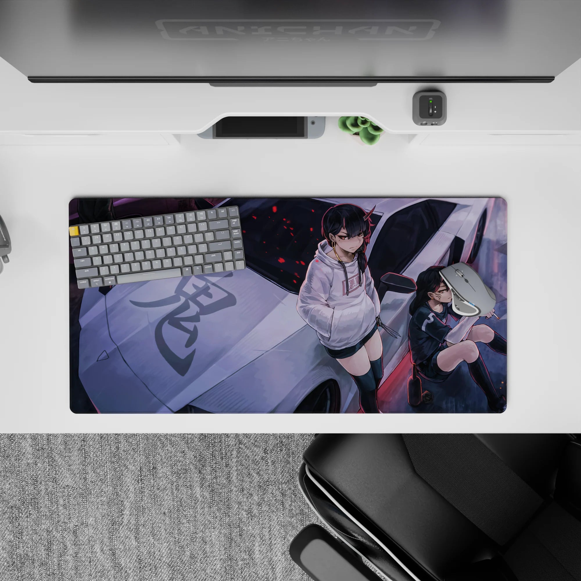 32x16 inches anime girl mouse pad in moody purples, stark white hoodies, black ink shadows, red spark flecks.