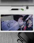 32x16 inches anime girl mouse pad in moody purples, stark white hoodies, black ink shadows, red spark flecks.