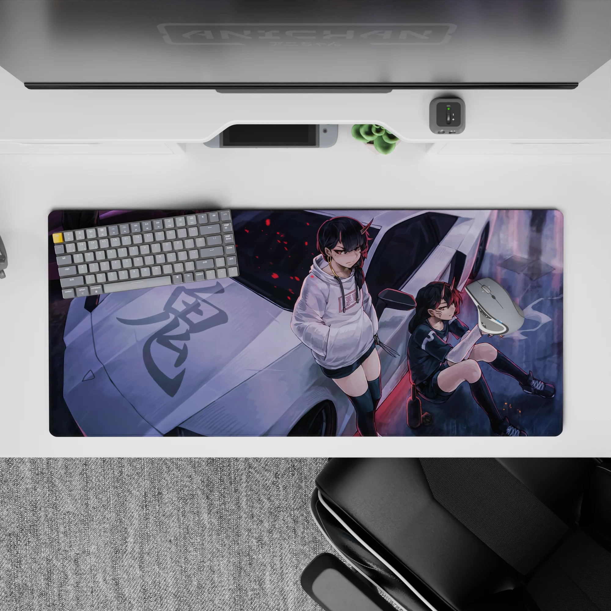 36x16 inches anime desk pad in moody purple street tones, stark black and white hoodies, red sparks.