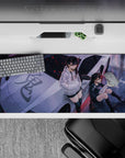 36x16 inches anime desk pad in moody purple street tones, stark black and white hoodies, red sparks.