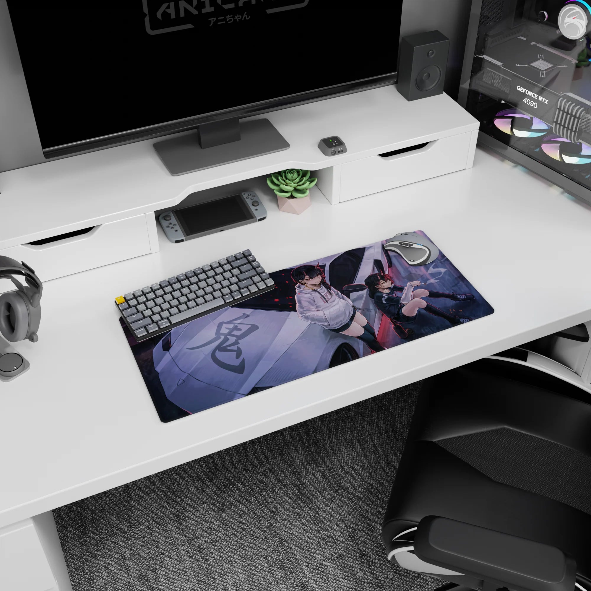Two horned anime girls lounging on a sleek silver car mouse pad 28x12 inches, urban night scene.