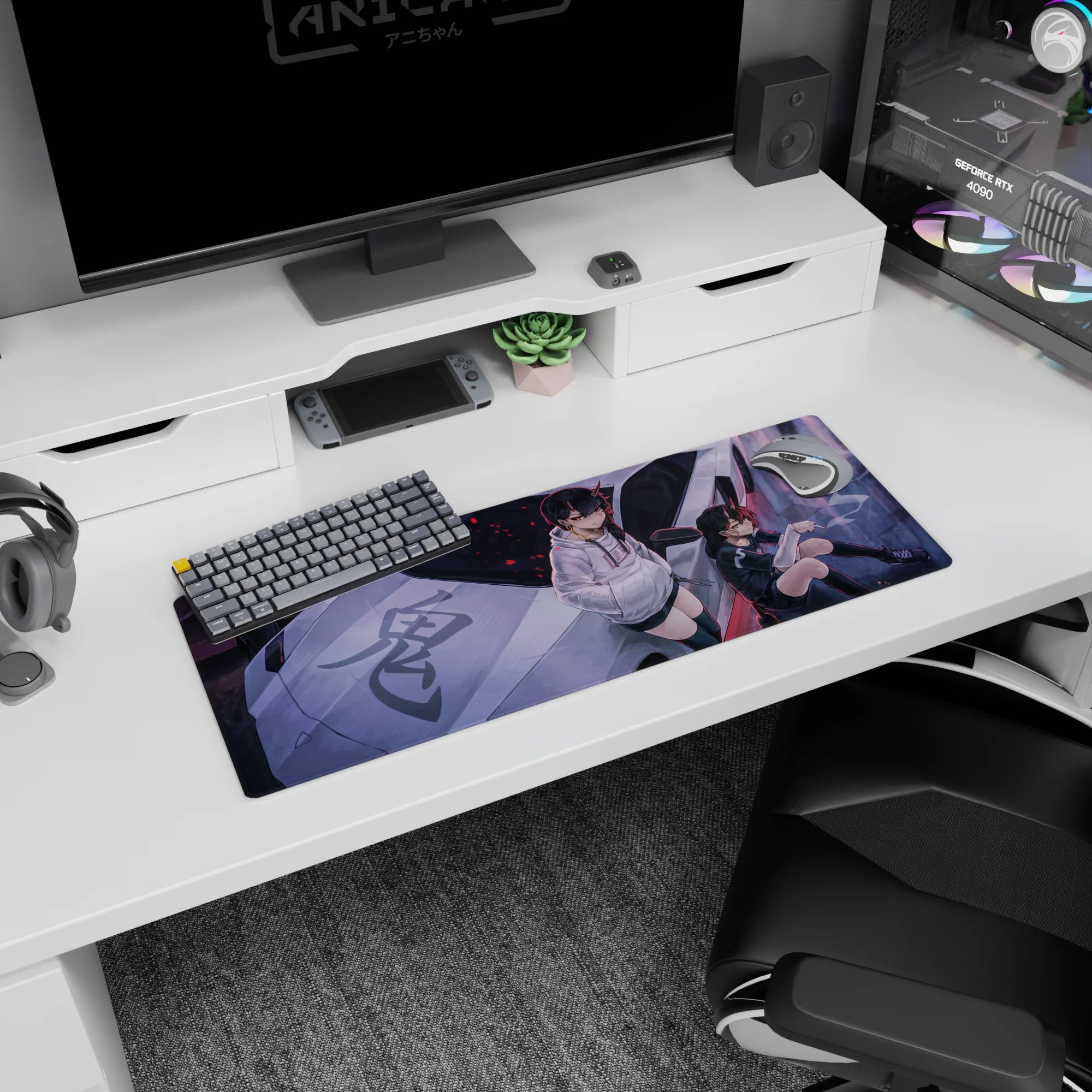 32x12 inches anime girl mouse pad featuring two horned girls lounging on a sleek silver car in neon city night.