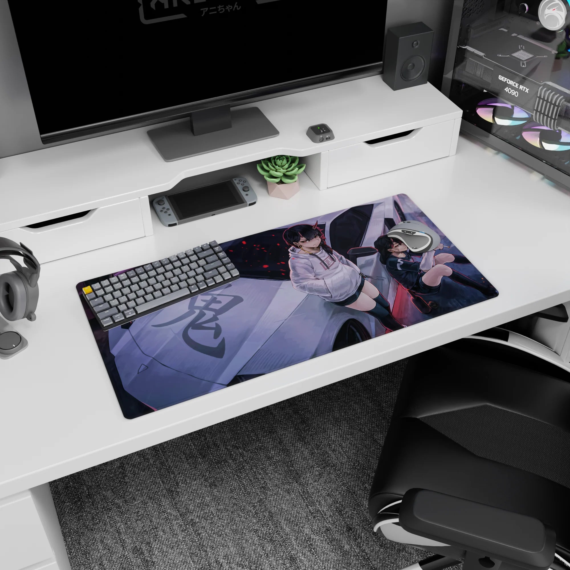 32x16 inches anime girl mouse pad showing two horned girls lounging on a sleek silver car under neon streets.