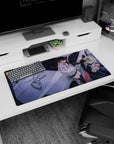 32x16 inches anime girl mouse pad showing two horned girls lounging on a sleek silver car under neon streets.