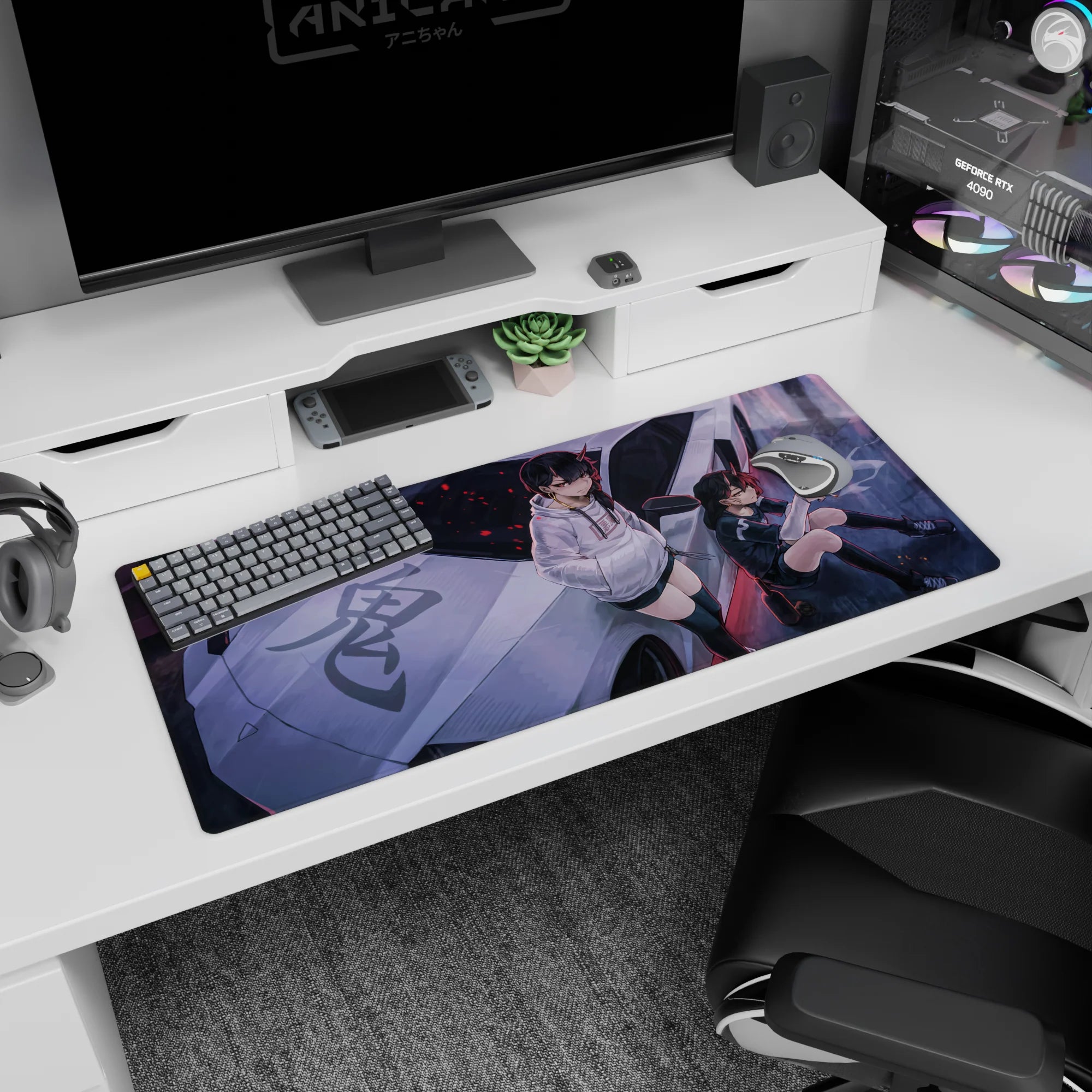 36x16 inches desk pad showing two horned anime girls lounging on a silver car at night city street.