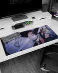 36x16 inches desk pad showing two horned anime girls lounging on a silver car at night city street.