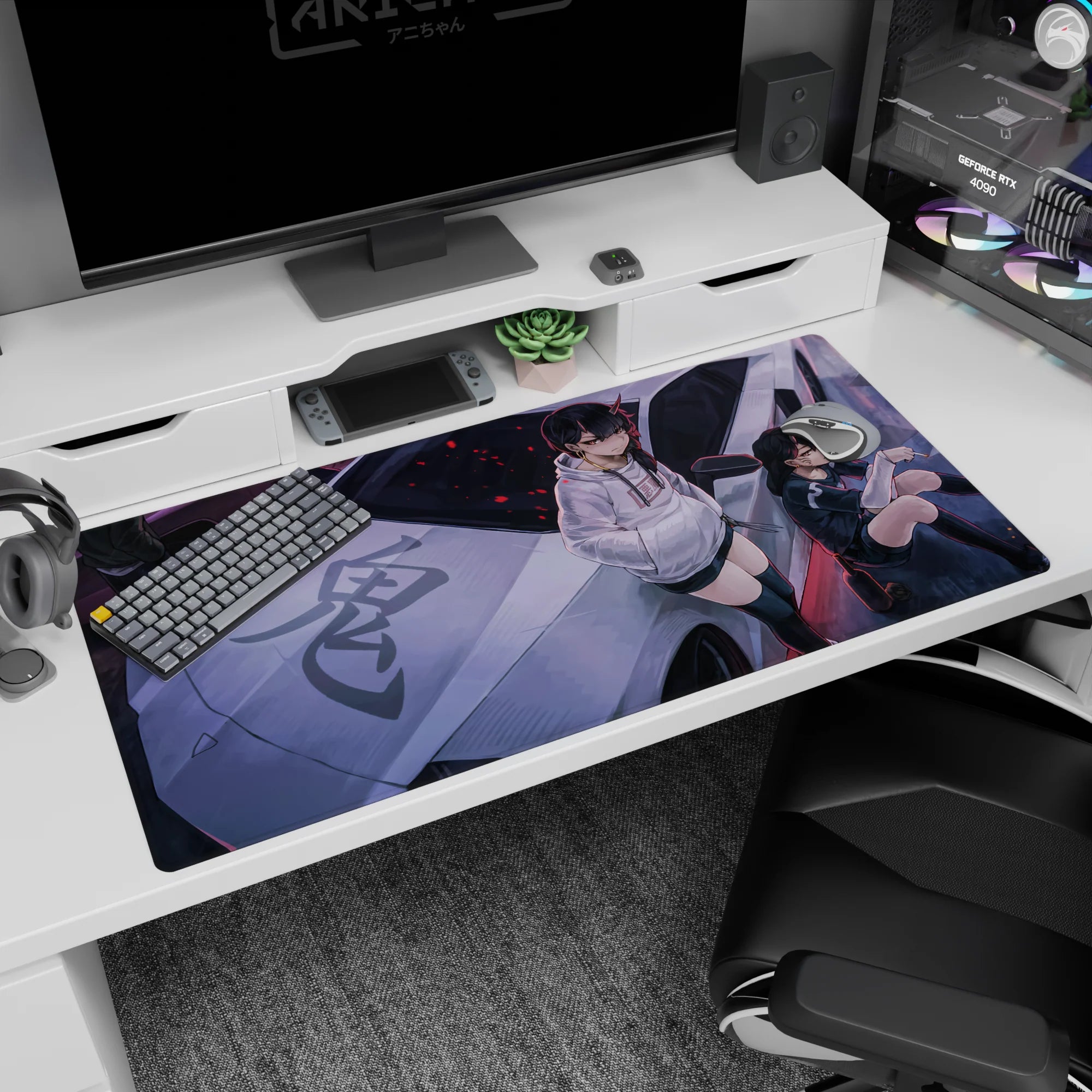 Two horned anime girls lounging on a sleek silver car desk pad 40x20 inches, glossy shadows and chaos.