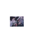 Classic anime girl mouse pad 14x10 inches with horned duo on silver supercar, bold kanji hood art.