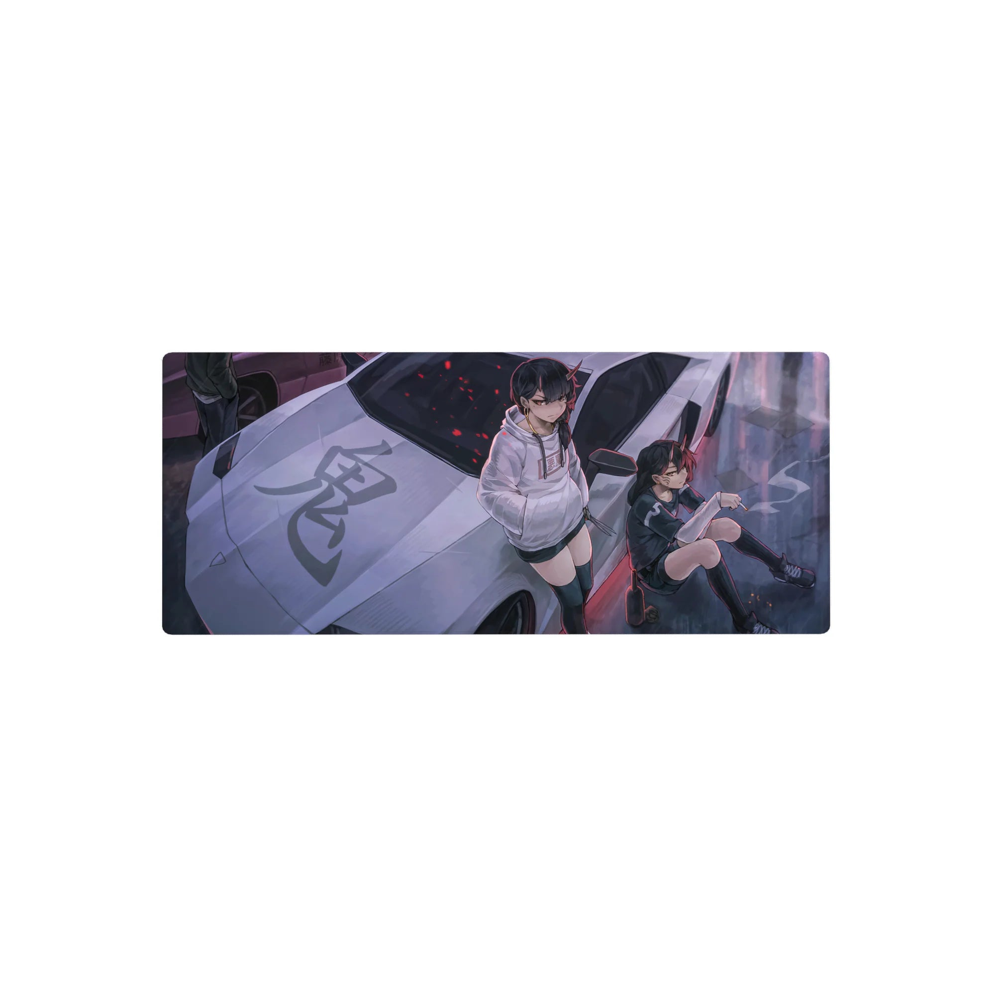 Anime girl mouse pad 28x12 inches with horned duo on silver supercar, bold kanji hood graphic.
