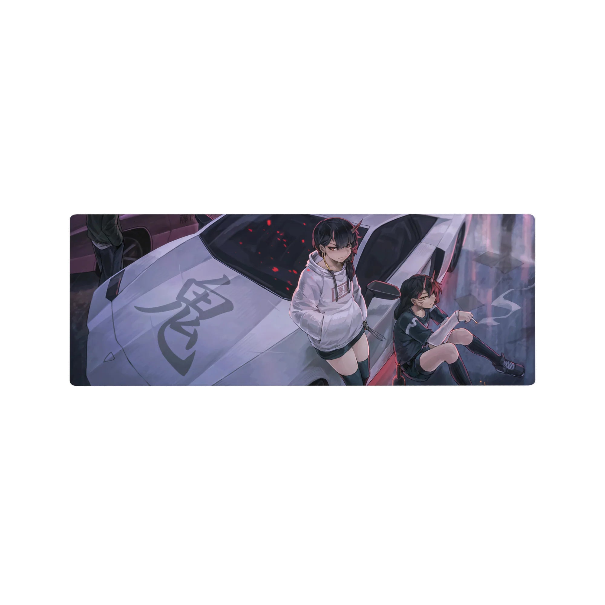 32x12 inches anime girl mouse pad with two horned girls on a silver supercar and bold kanji hood art.
