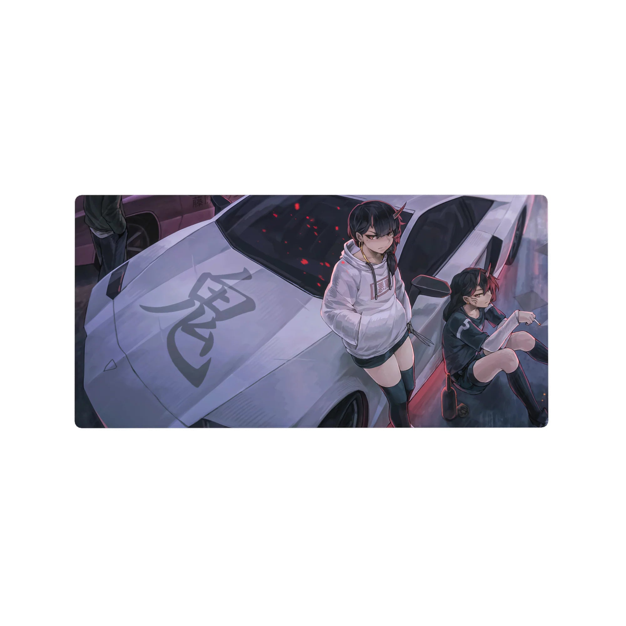 32x16 inches anime girl mouse pad with horned duo on silver supercar, kanji hood, purple city street.