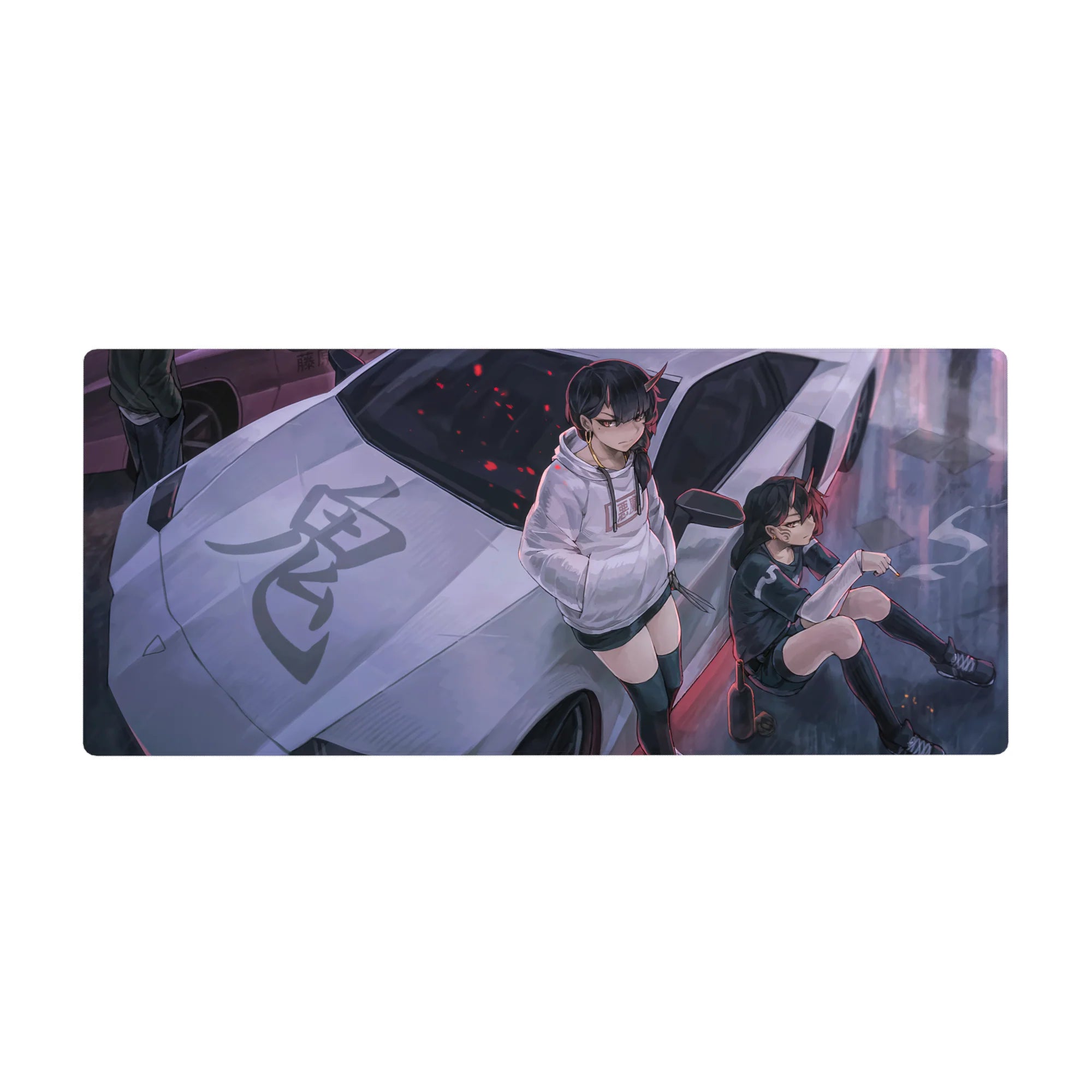36x16 inches anime girl desk pad with horned duo on silver supercar, bold kanji hood graphic.