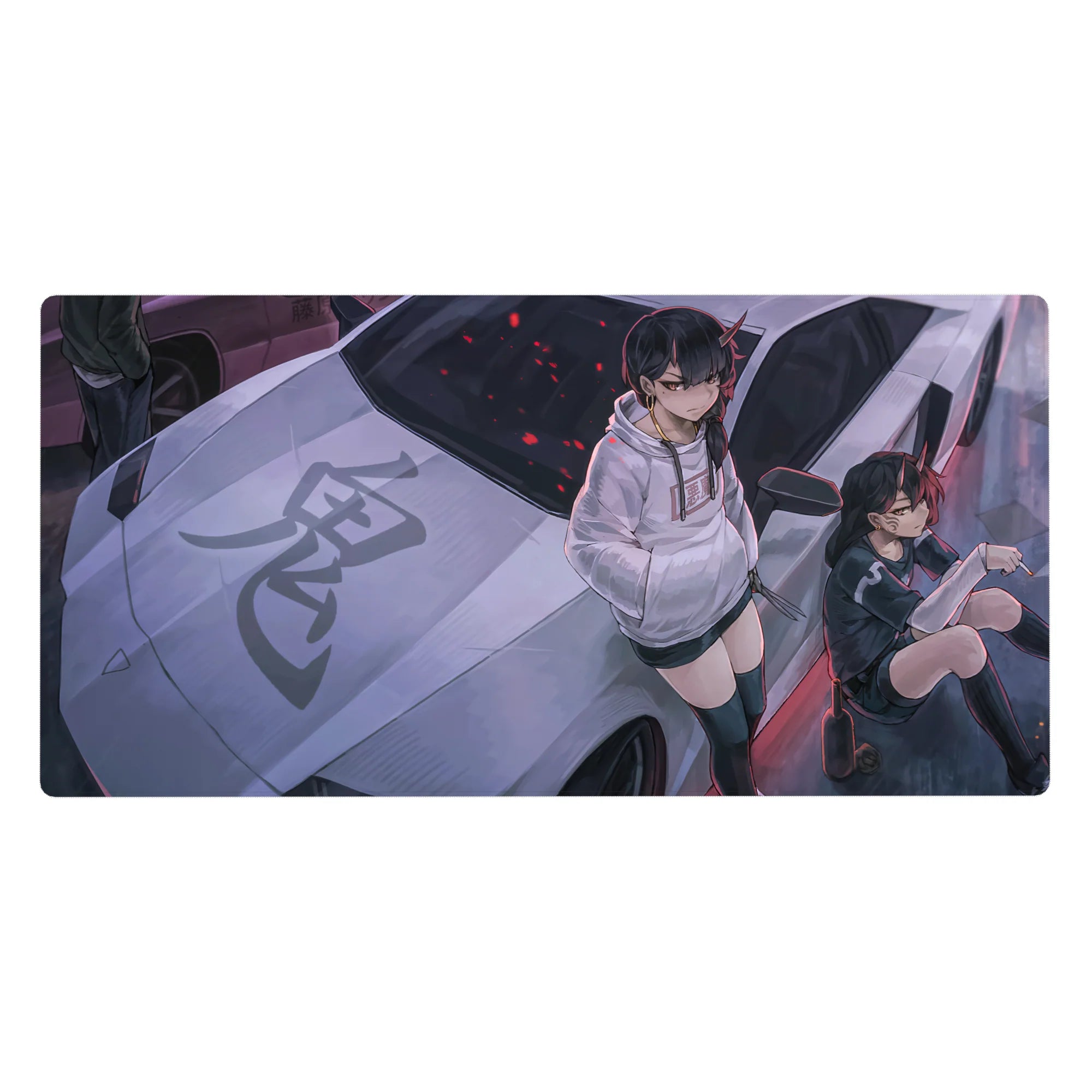 Anime girl desk pad 40x20 inches with two horned girls on a silver supercar and bold kanji hood art.
