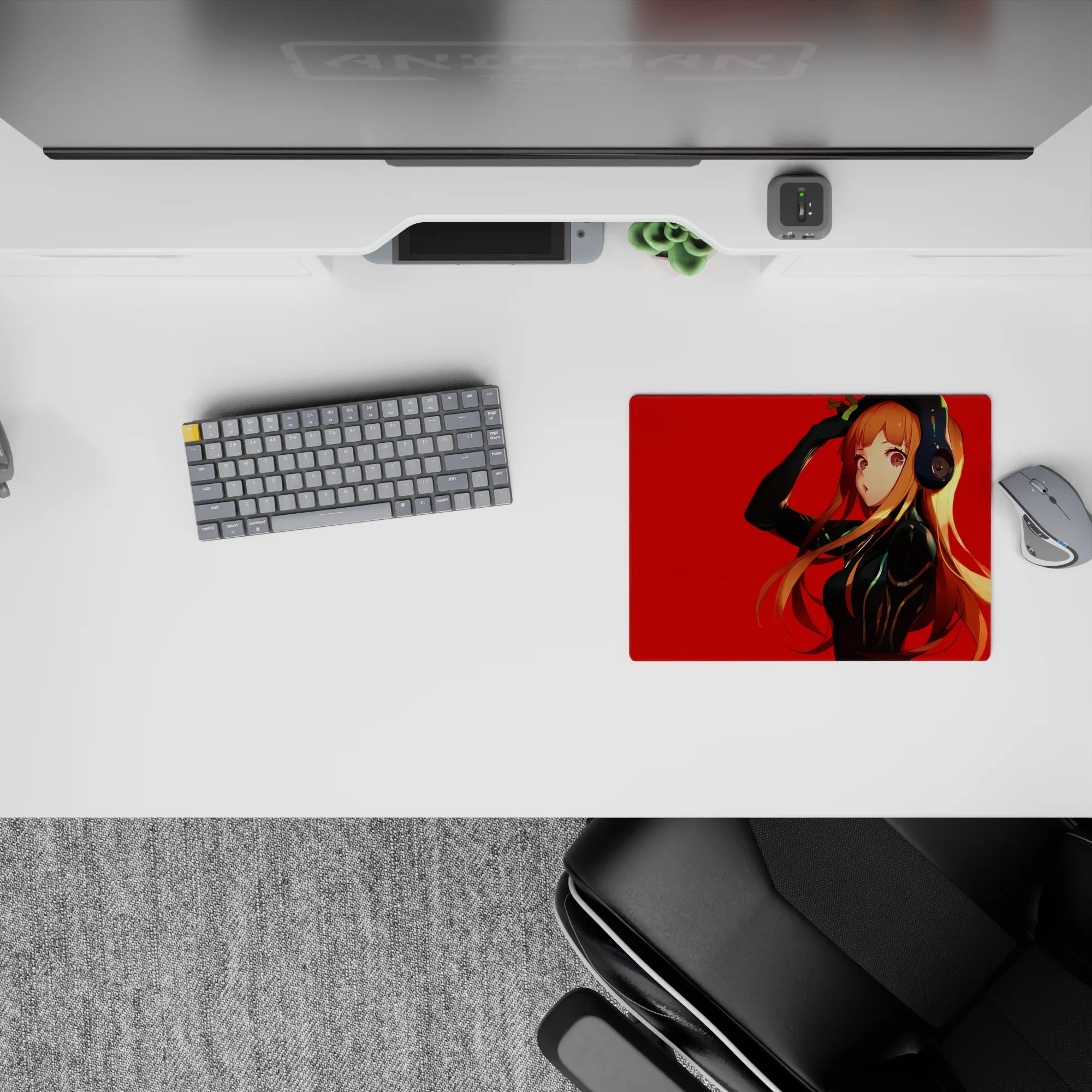 Crimson and black anime mouse pad 14x10 inches with warm orange hair, sleek glossy highlights, cool-girl vibe.