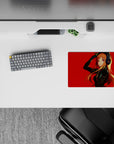 Crimson and black anime mouse pad 14x10 inches with warm orange hair, sleek glossy highlights, cool-girl vibe.