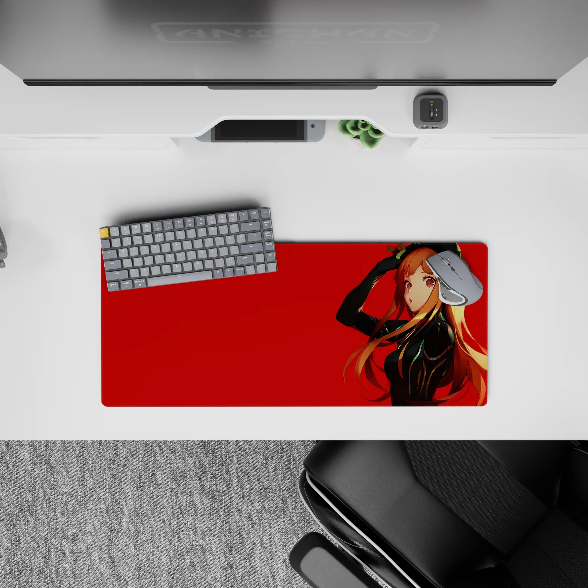 28x12 inches anime desk mat in bold crimson and glossy black with warm orange hair, cool-girl vibe.