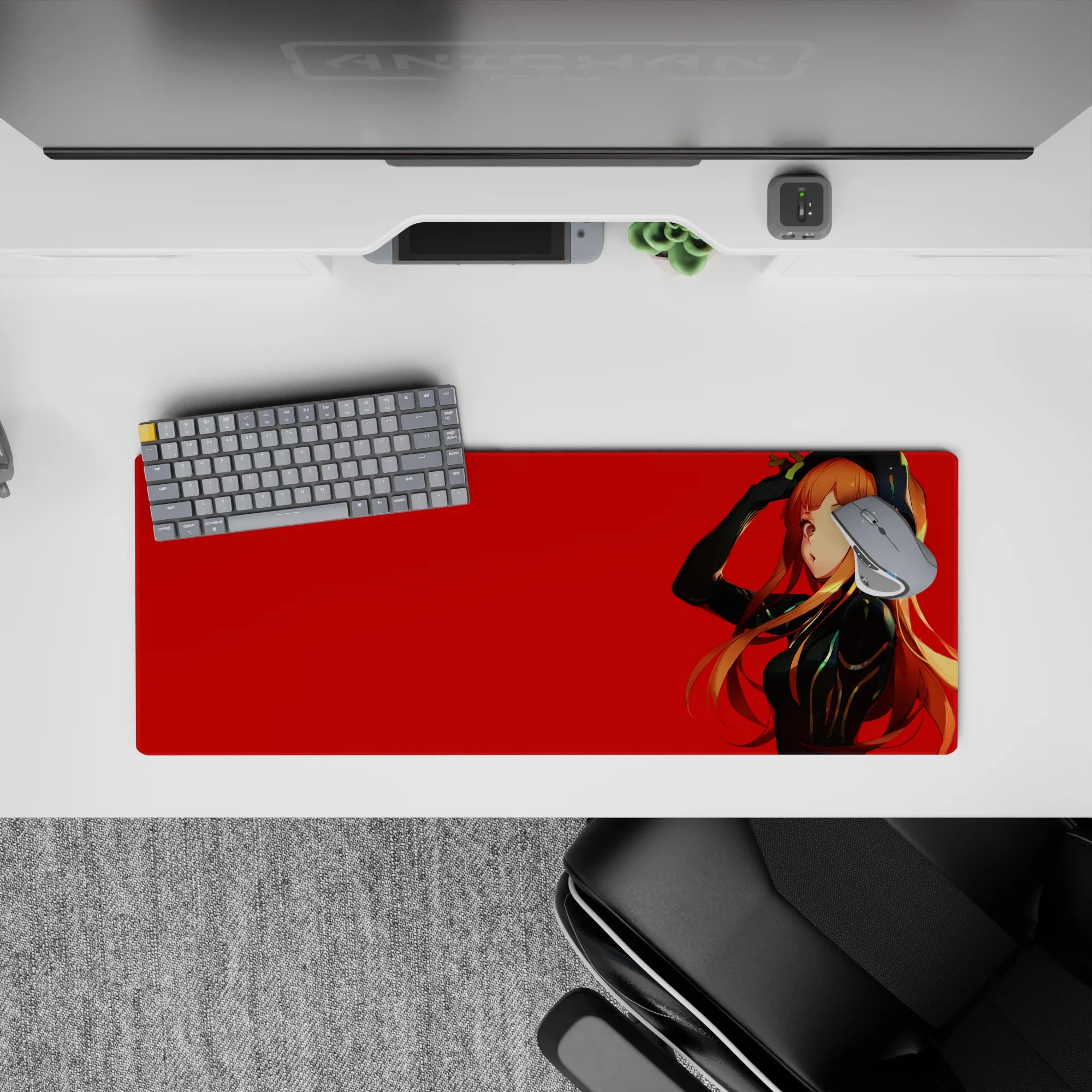 32x12 inches anime girl desk mat in bold crimson and glossy black tones, cool-girl vibe with warm orange hair.