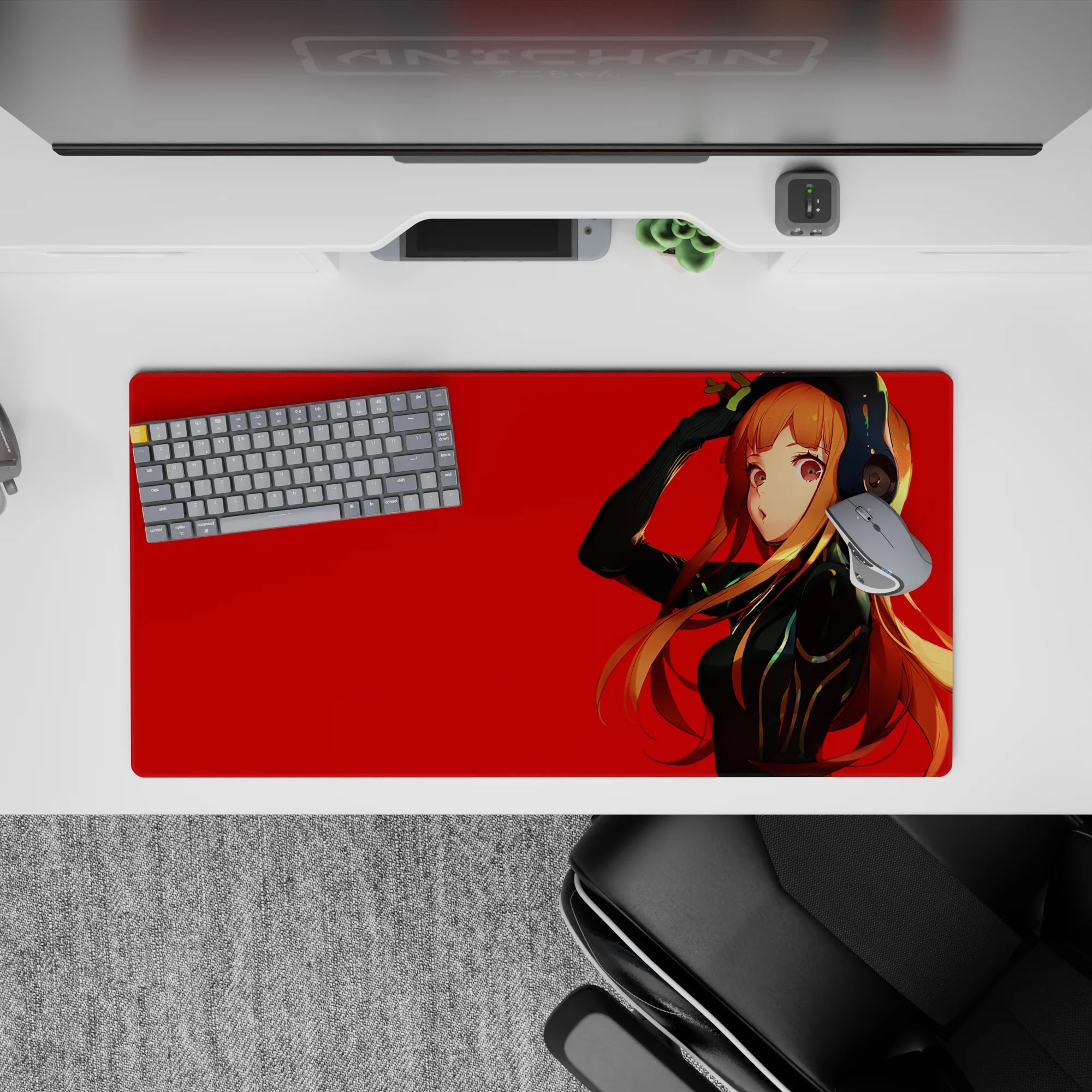 32x16 inches anime girl mouse pad in bold crimson and glossy black, cool-girl vibe desk mat.