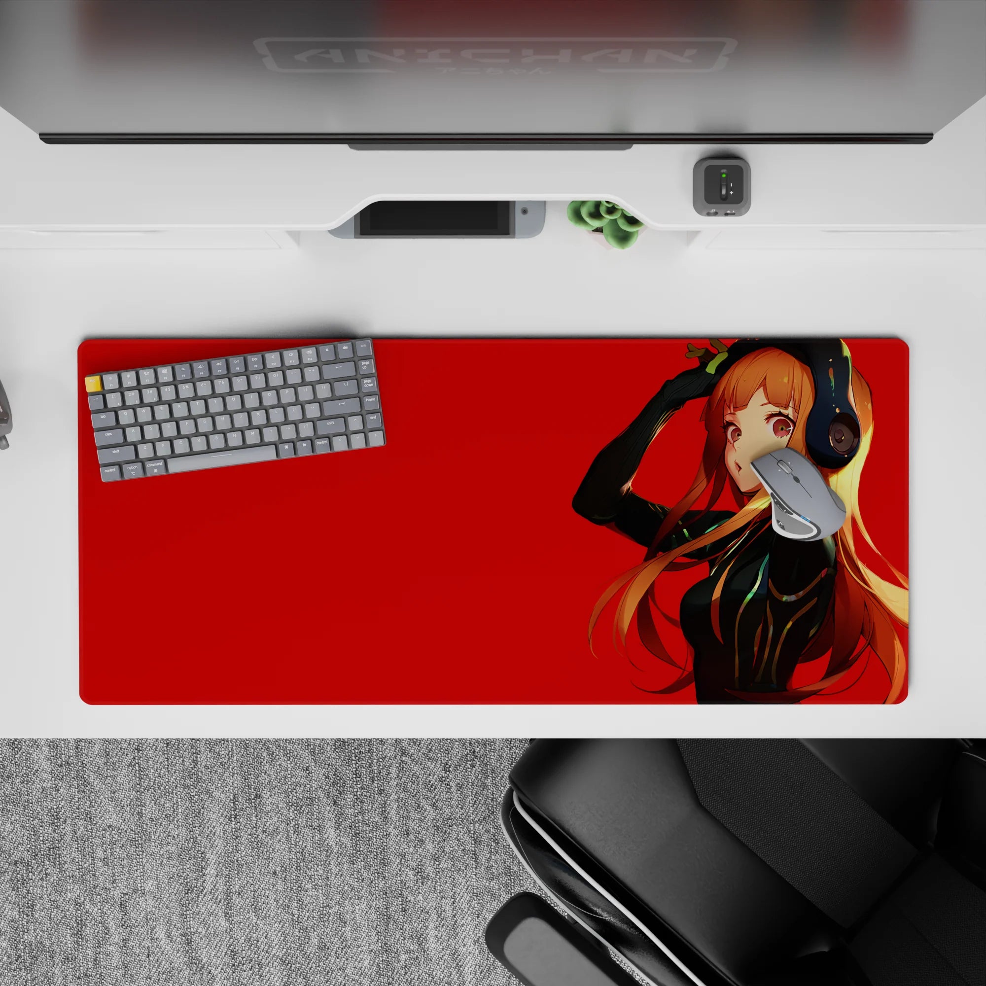 Crimson-and-black anime desk pad 36x16 inches, cool-girl energy with warm orange hair accents.