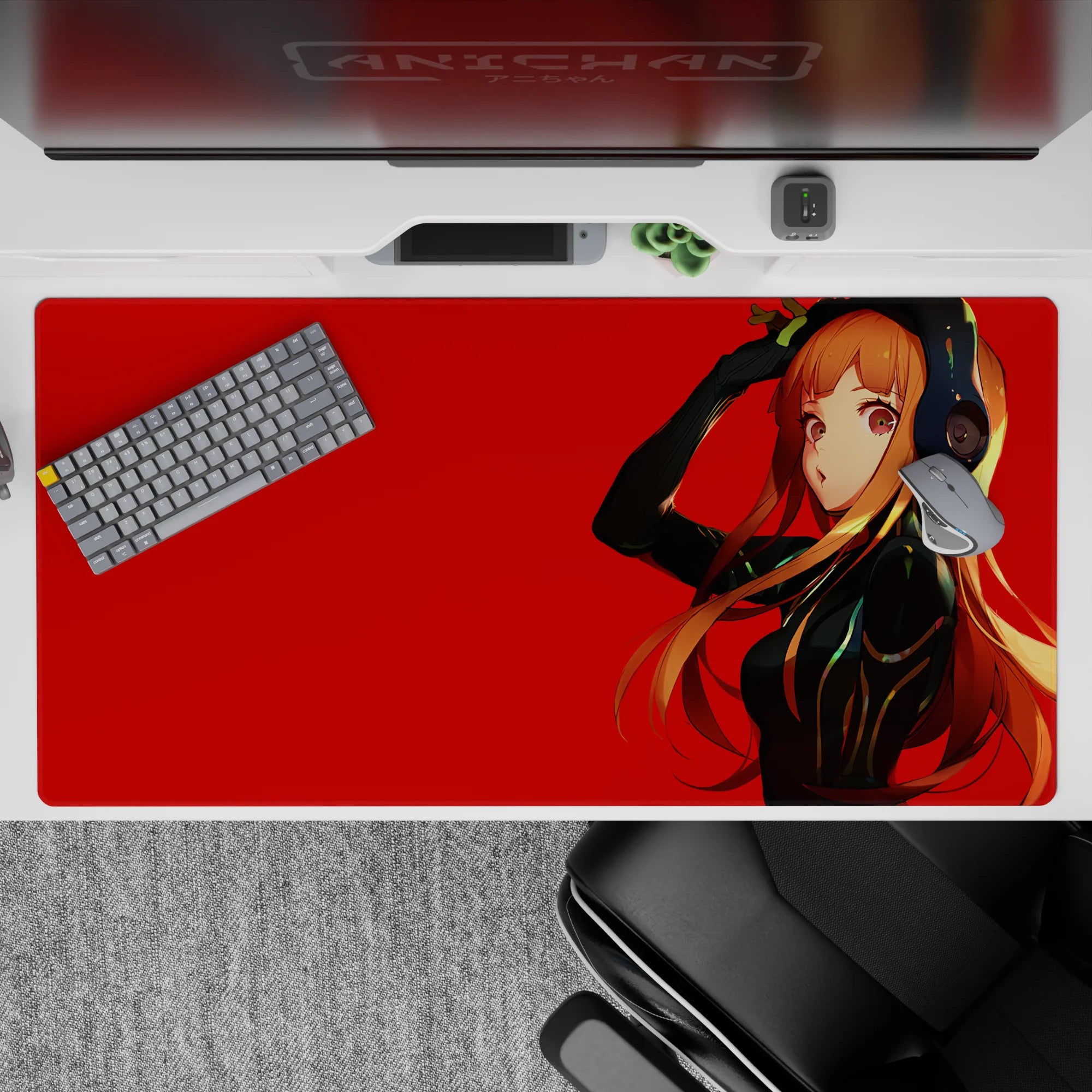 40x20 inches anime desk pad in bold red, black suit shine, and warm orange hair for cool-girl vibes.