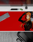 40x20 inches anime desk pad in bold red, black suit shine, and warm orange hair for cool-girl vibes.