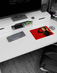 Anime girl in headphones touching her head on mouse pad 14x10 inches, soft eyes, flowing orange hair.