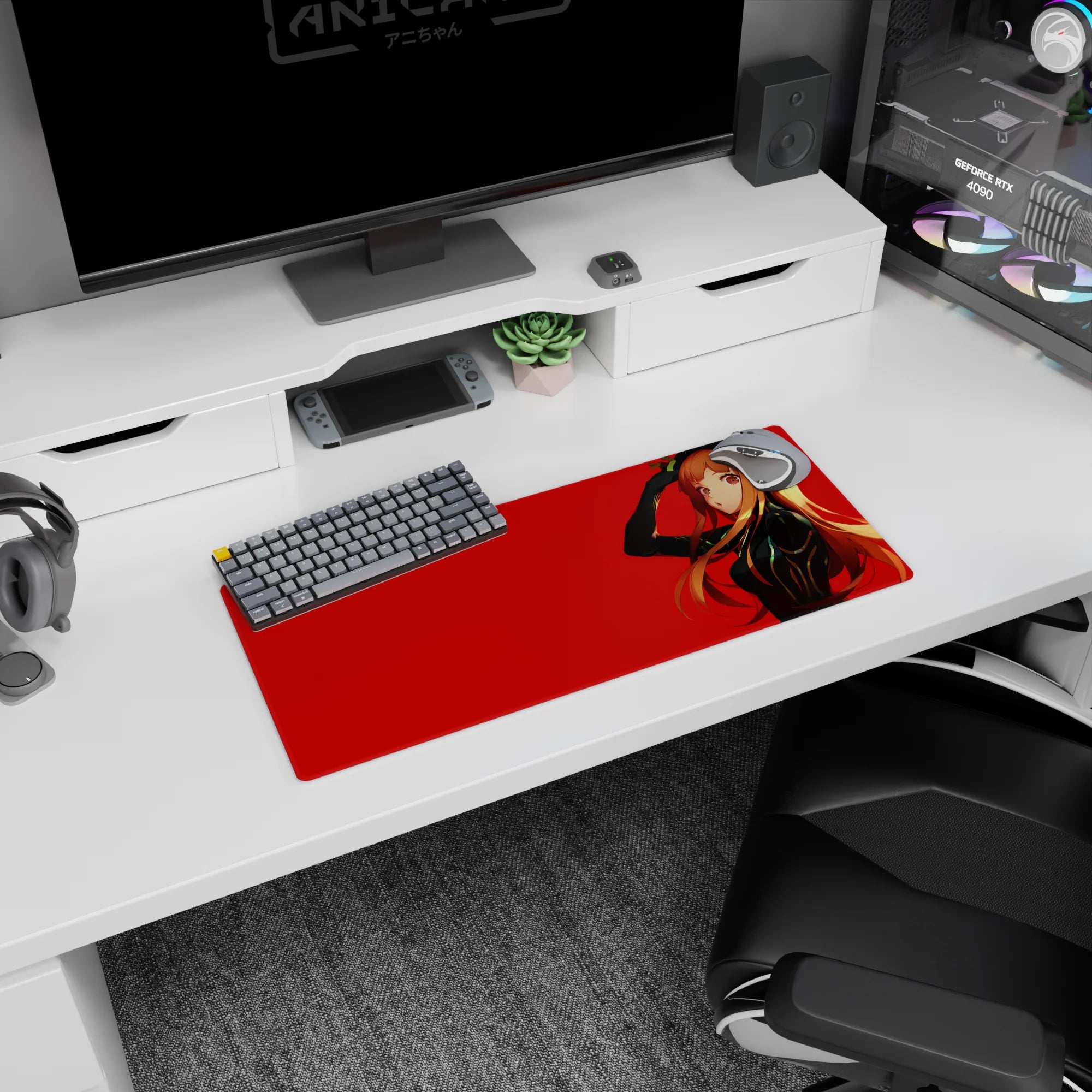 28x12 inches extended mouse pad showing anime girl in headphones, hand-to-head pose, soft eyes and orange hair.