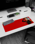 32x12 inches anime girl mouse pad showing a headphone-wearing girl posing hand-to-head, soft eyes, sleek suit.