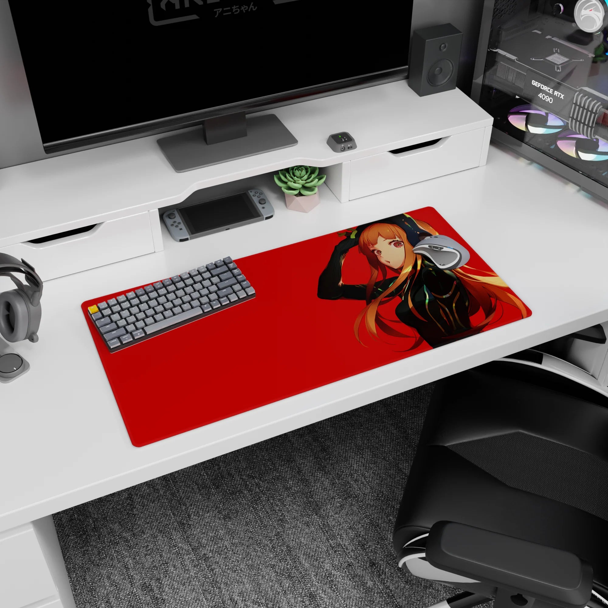 32x16 inches anime girl mouse pad featuring a soft-eyed orange-haired girl posing hand-to-head.