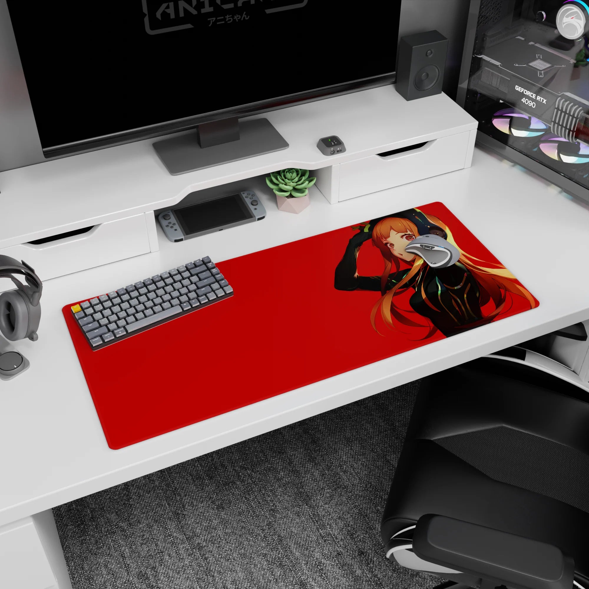 Anime girl in black suit touching her head, big headphones on red backdrop desk pad 36x16 inches.