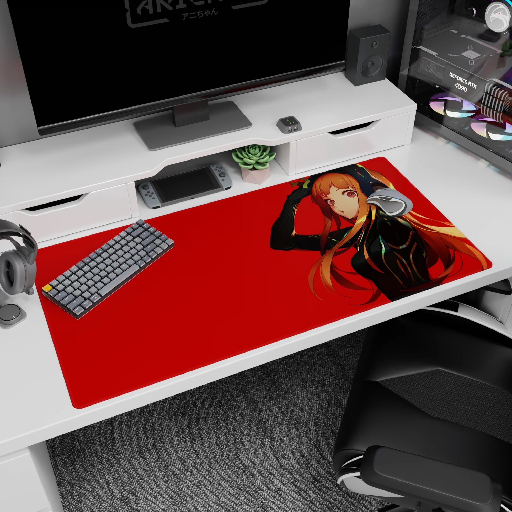 40x20 inches extended desk pad showing anime girl posing hand-to-head, soft eyes, big headphones.