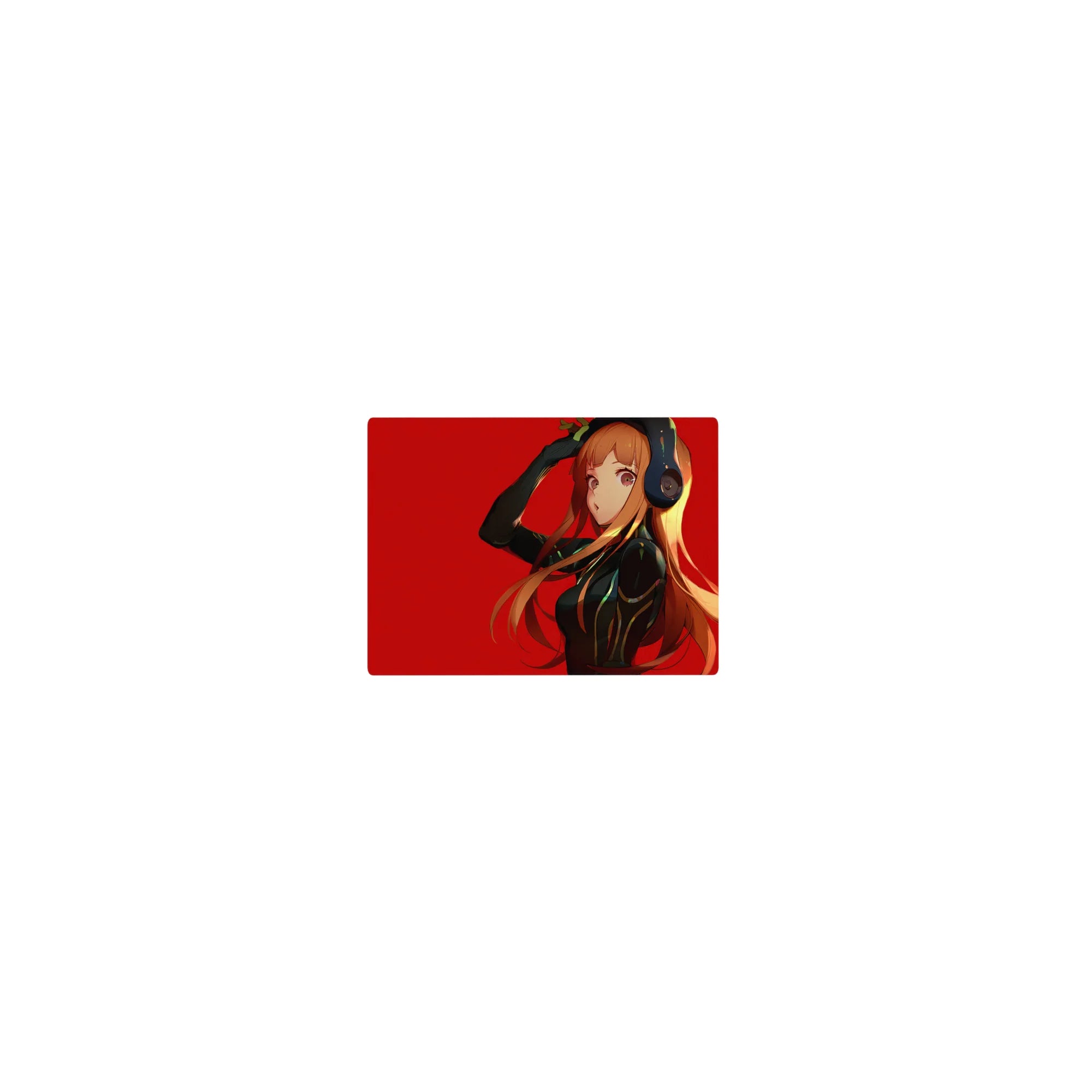 Classic anime girl mouse pad 14x10 inches with headphones, black suit, orange hair on bold red background.