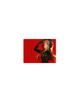 Classic anime girl mouse pad 14x10 inches with headphones, black suit, orange hair on bold red background.