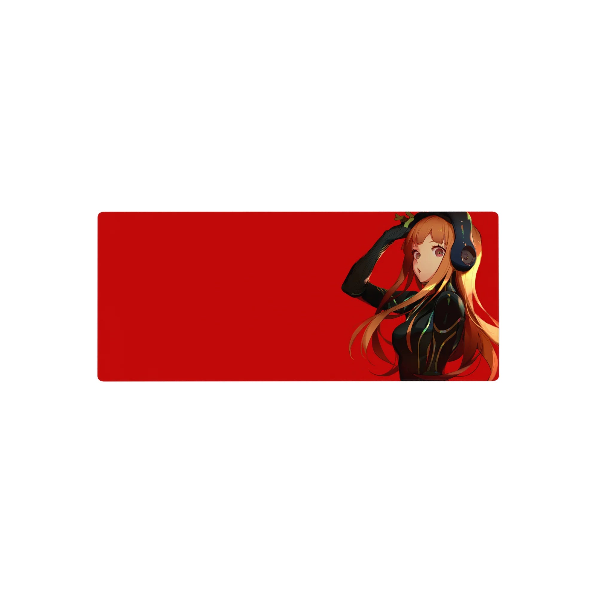28x12 inches anime girl mouse pad with orange-haired headphone girl on crimson background, sleek black suit.
