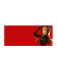 28x12 inches anime girl mouse pad with orange-haired headphone girl on crimson background, sleek black suit.