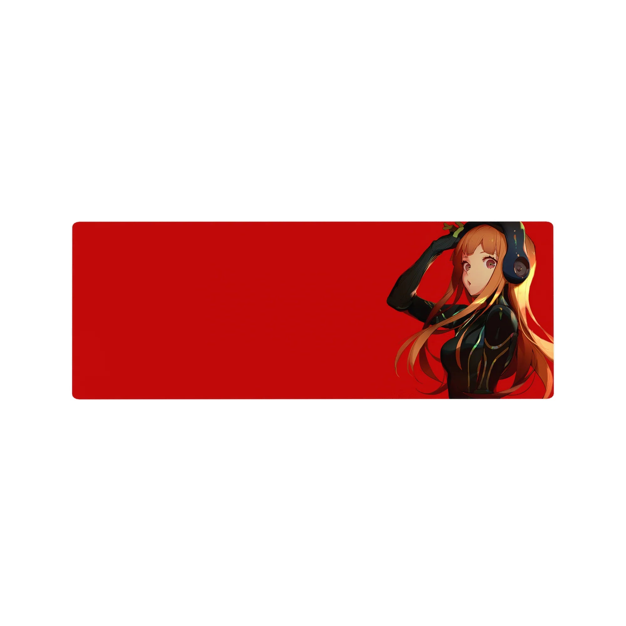32x12 inches anime girl mouse pad with orange-haired girl in black suit and headphones on crimson background.