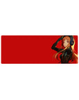 32x12 inches anime girl mouse pad with orange-haired girl in black suit and headphones on crimson background.