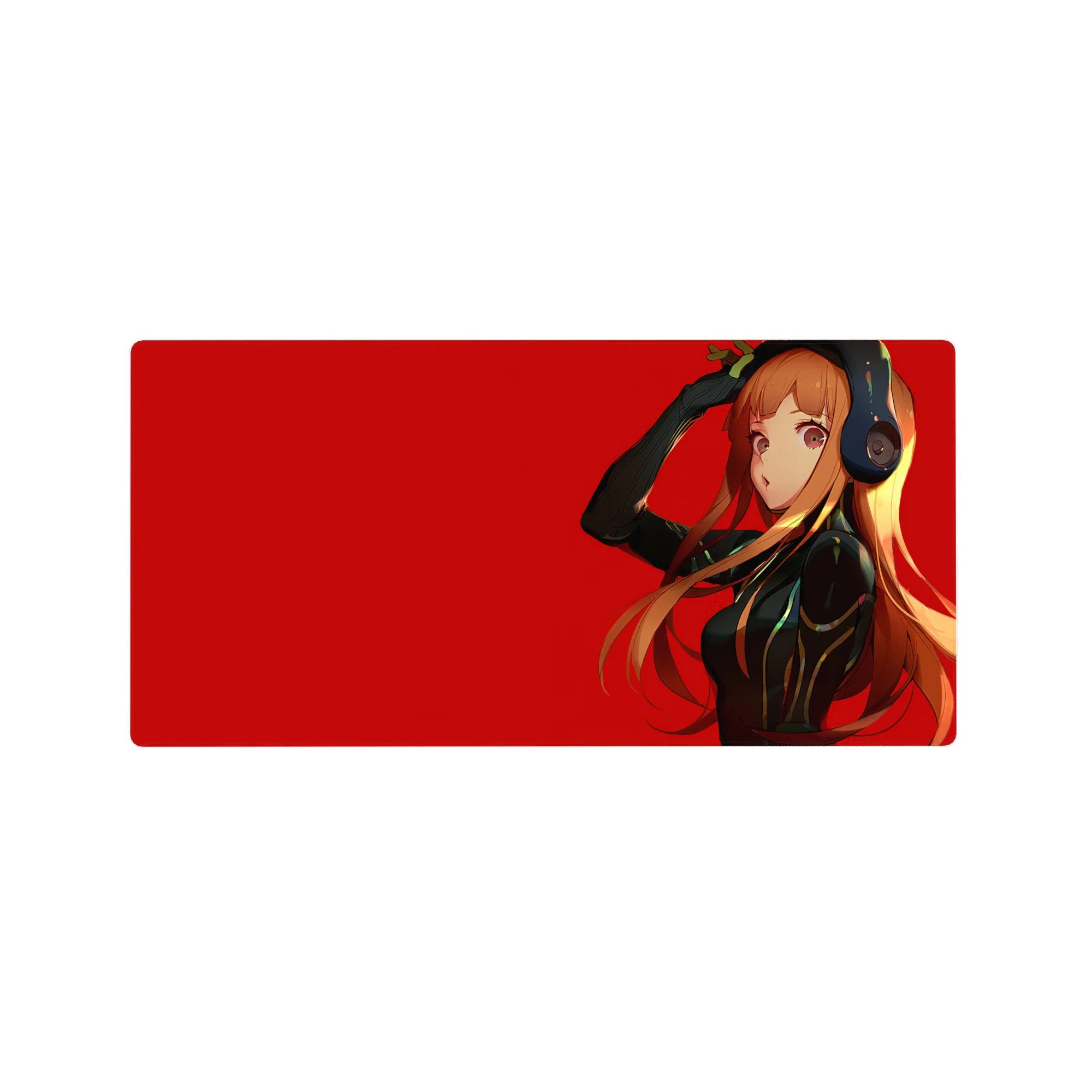 32x16 inches anime girl mouse pad with orange-haired girl in headphones on a crimson background.