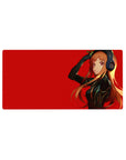 32x16 inches anime girl mouse pad with orange-haired girl in headphones on a crimson background.