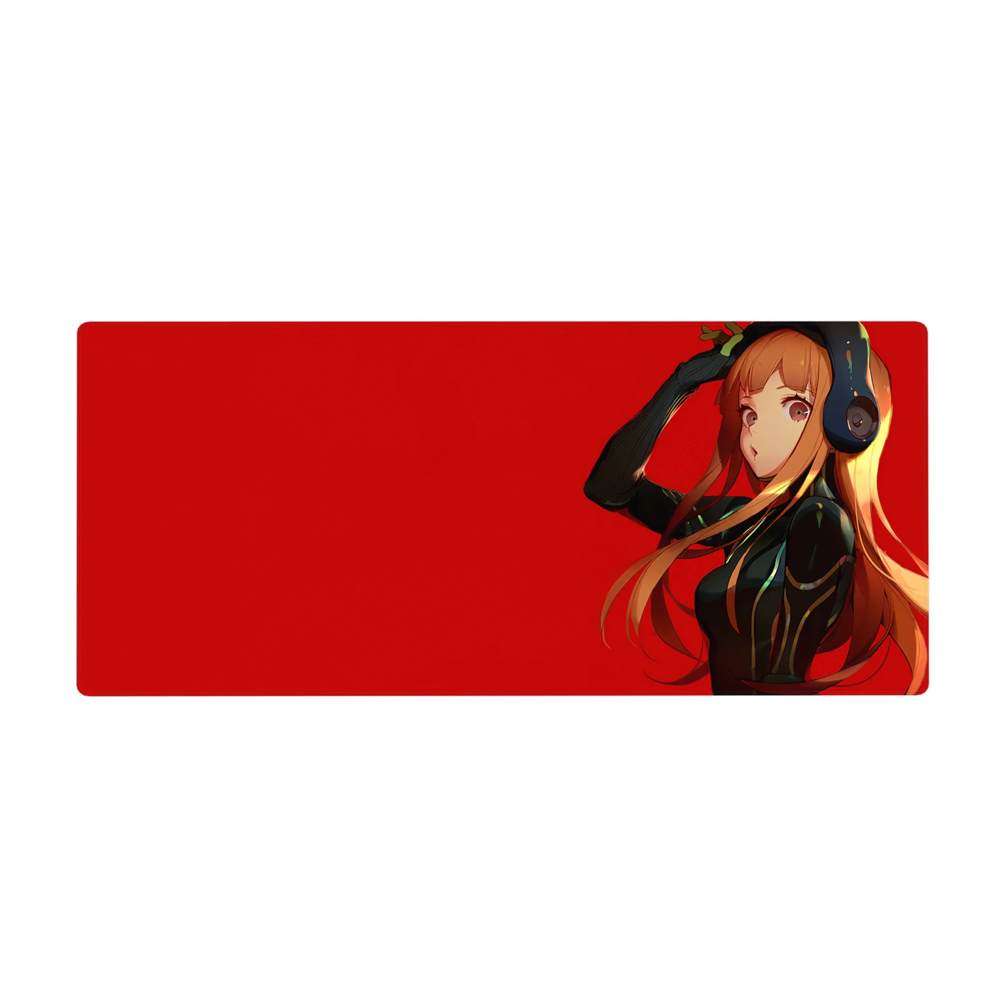 Anime girl desk pad 36x16 inches with headphones, orange hair, black suit, and bold red background.