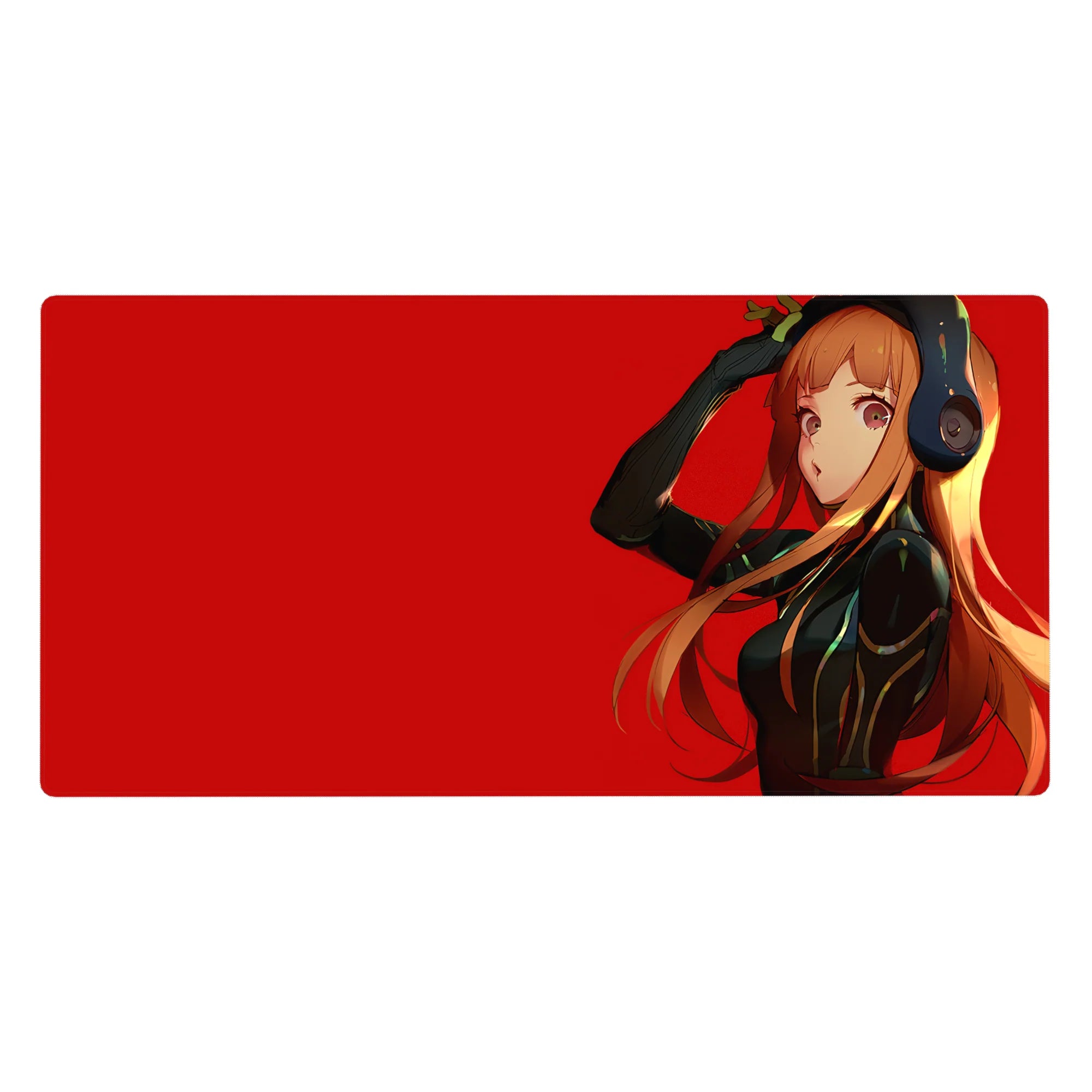 40x20 inches anime girl desk pad with orange-haired girl in headphones on a crimson background.