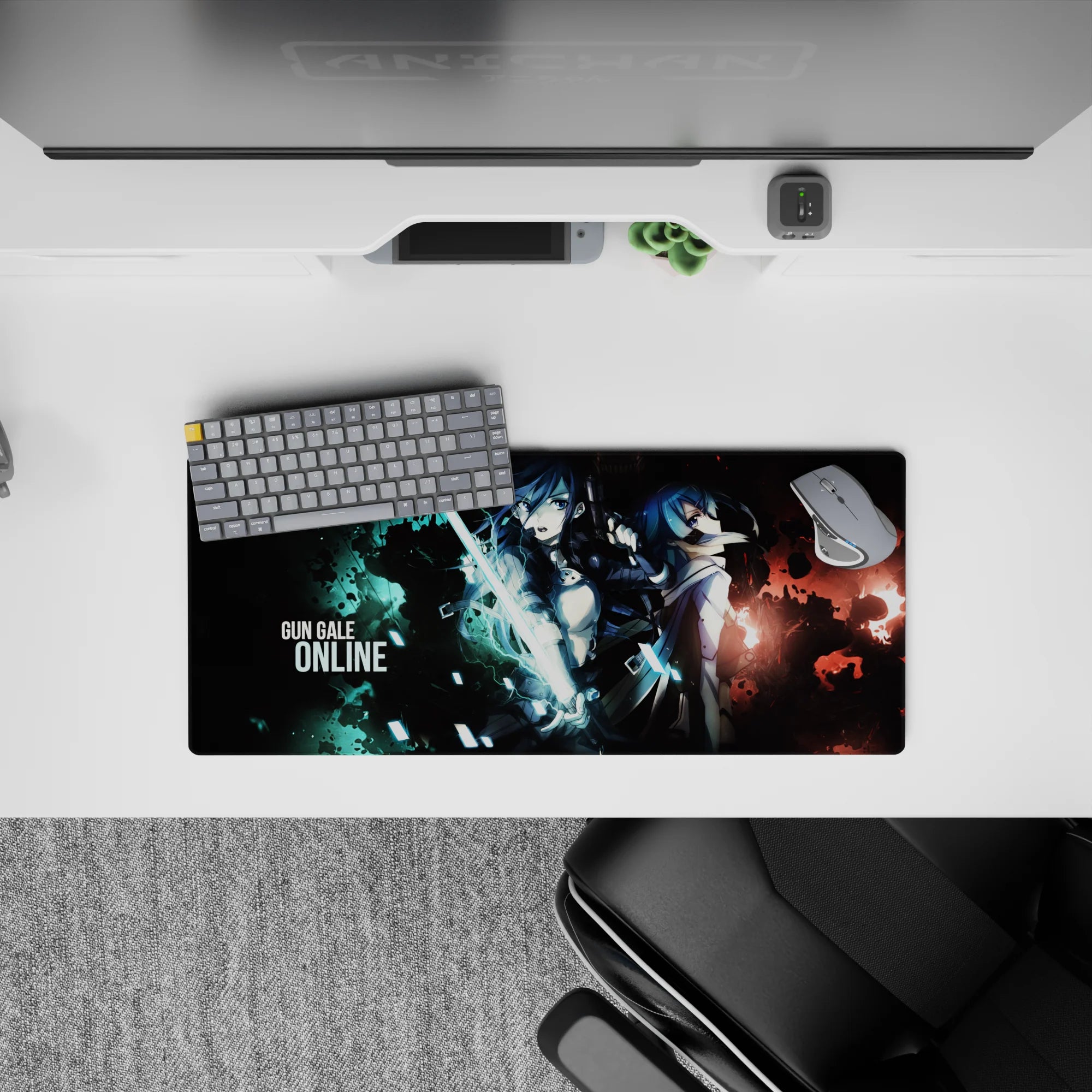 28x12 inches anime mouse pad in neon cyan and smoky red tones, teal lightning and shattered glass vibe.