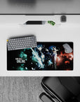 28x12 inches anime mouse pad in neon cyan and smoky red tones, teal lightning and shattered glass vibe.