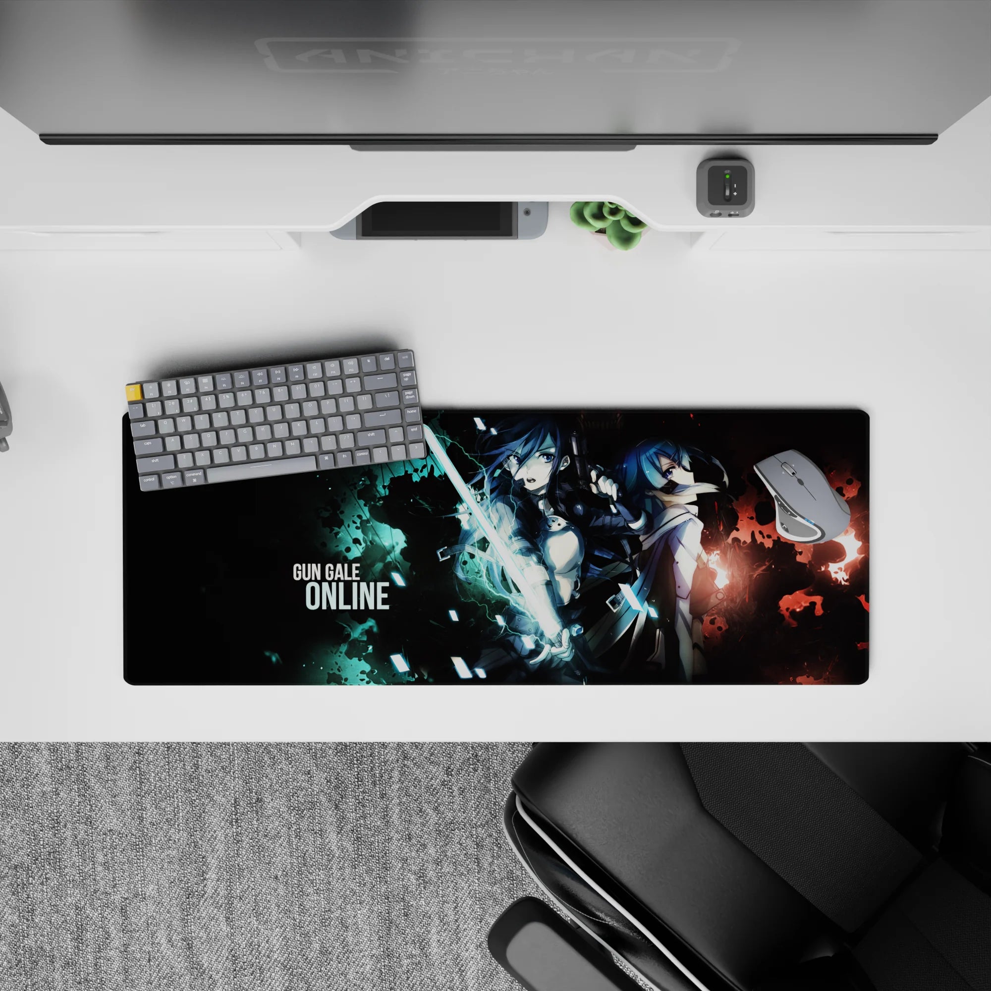Neon cyan and smoky red battle aesthetic anime mouse pad 32x12 inches with teal lightning and glass flecks.