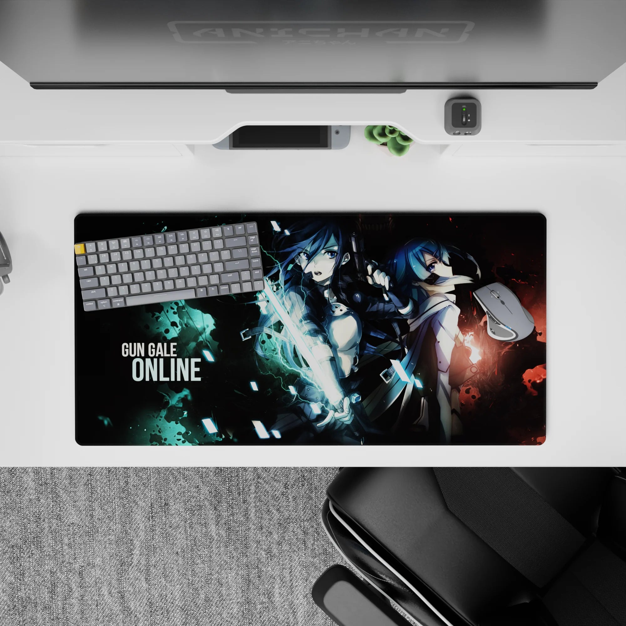 Neon cyan and smoky red battle mood anime mouse pad 32x16 inches with teal lightning and shattered glass.